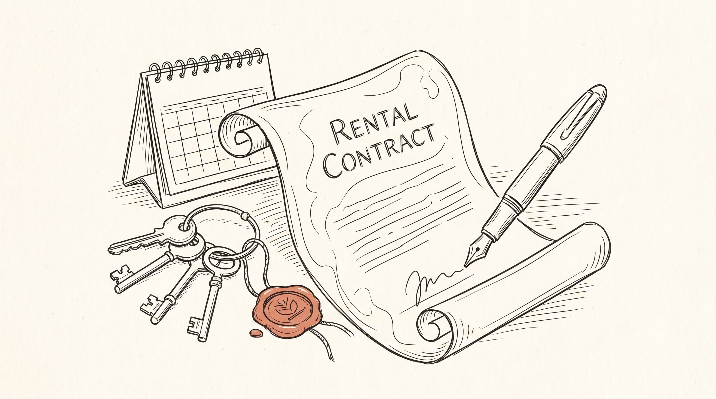 A person signing a rental contract with a set of house keys nearby.