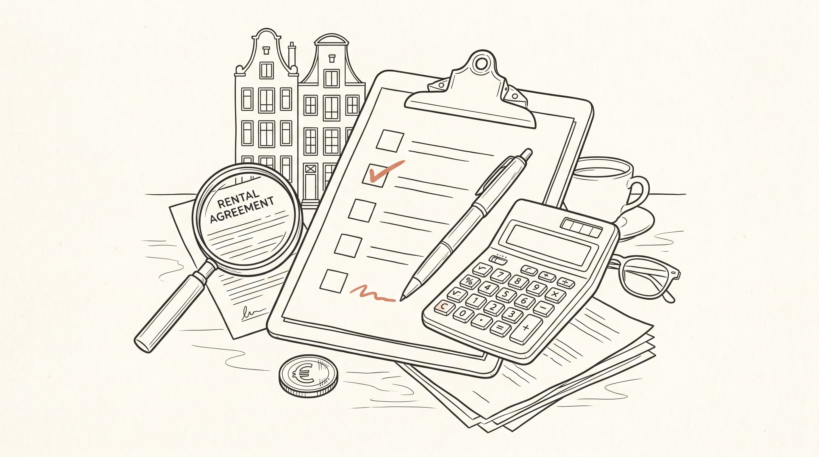 A calculator and rental documents on a table in a Dutch apartment.