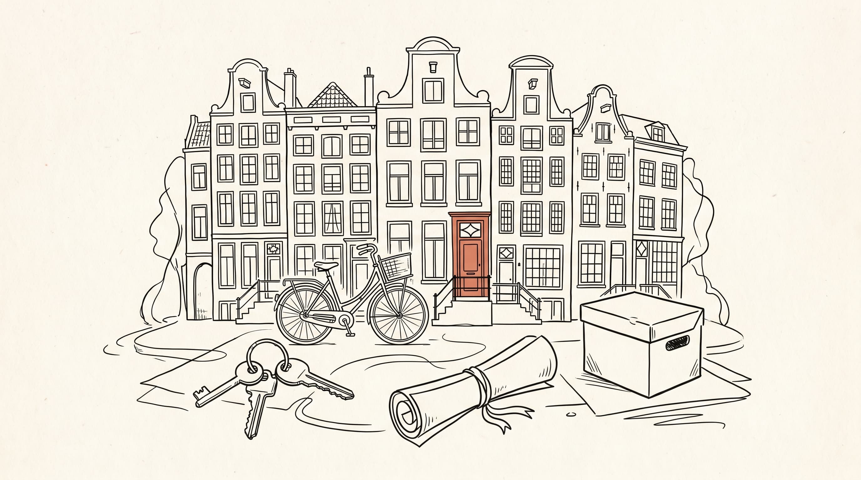 A row of Amsterdam canal houses with bikes parked along the water.