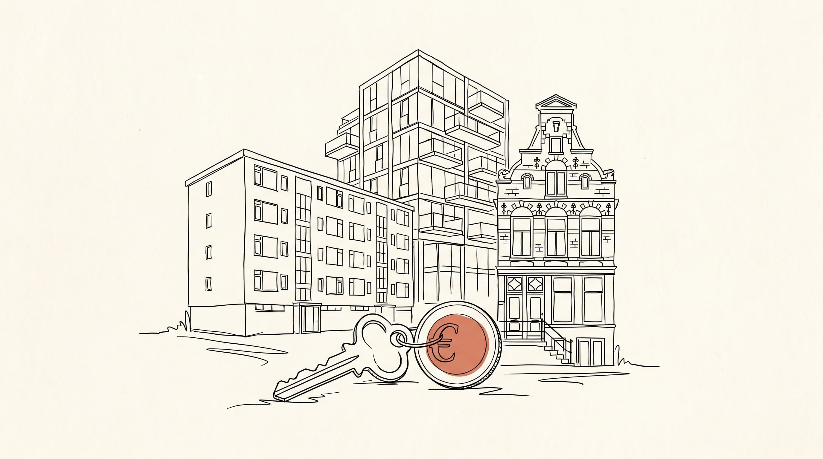 Modern and classic Dutch apartment buildings side by side.